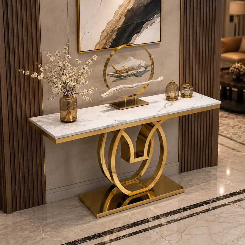 White Marble Console Table with Double Ring Gold Base
