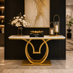 White Marble Console Table with Double Ring Gold Base