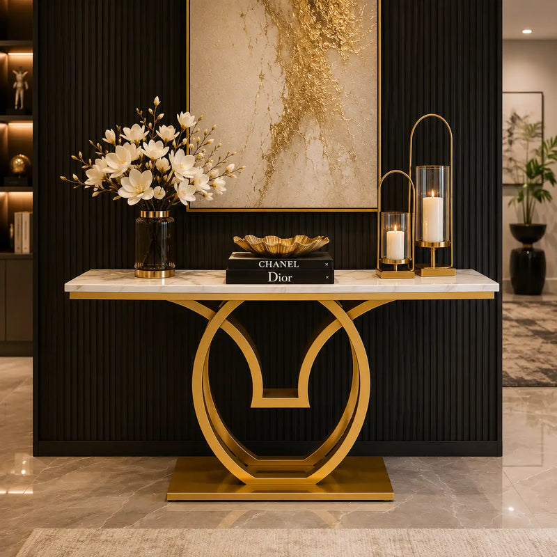 White Marble Console Table with Double Ring Gold Base
