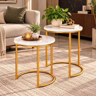 White Marble Top Iron Stand Coffee Table Set of 2