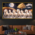 White Running Horses Under Moonlight Crystal Glass Painting