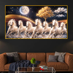 White Running Horses Under Moonlight Crystal Glass Painting