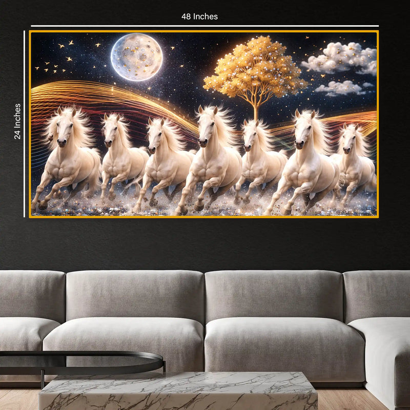 White Running Horses Under Moonlight Crystal Glass Painting