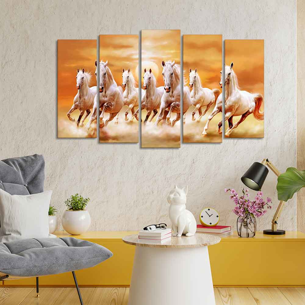 White Running Seven Horses 5 Pieces Premium Wall Painting