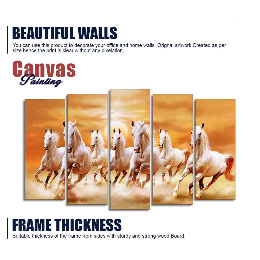 White Running Seven Horses 5 Pieces Premium Wall Painting