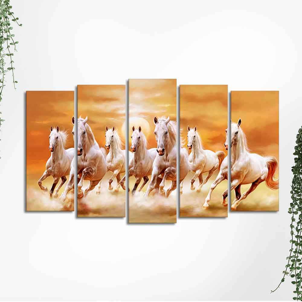 White Running Seven Horses 5 Pieces Premium Wall Painting