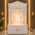 White Wooden Floor Pooja Mandir with Ik Onkar & Swastik Design Ornate Arch Laser-Cut Bell Motifs &Cabinet