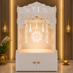 White Wooden Floor Pooja Mandir with Ik Onkar & Swastik Design Ornate Arch Laser-Cut Bell Motifs &Cabinet