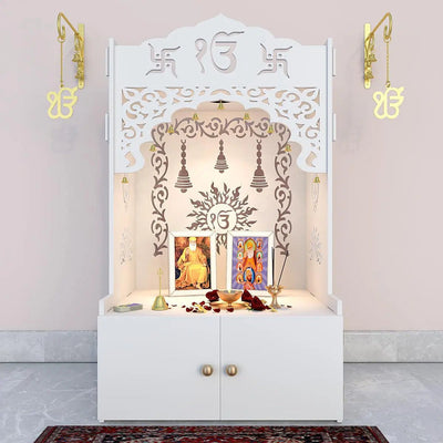 White Wooden Floor Pooja Mandir with Ik Onkar & Swastik Design Ornate Arch Laser-Cut Bell Motifs &Cabinet