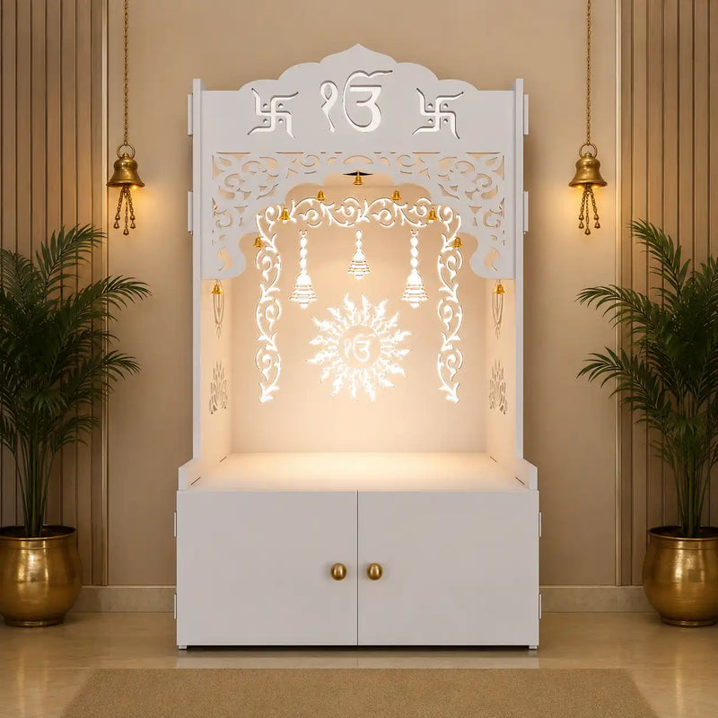 White Wooden Floor Pooja Mandir with Ik Onkar & Swastik Design Ornate Arch Laser-Cut Bell Motifs &Cabinet