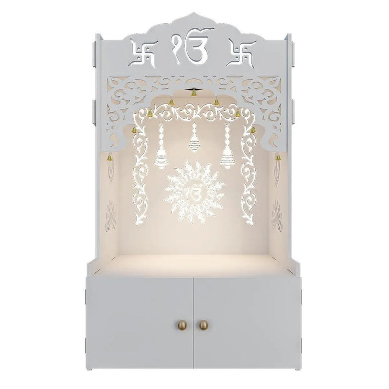 White Wooden Floor Pooja Mandir with Ik Onkar & Swastik Design Ornate Arch Laser-Cut Bell Motifs &Cabinet