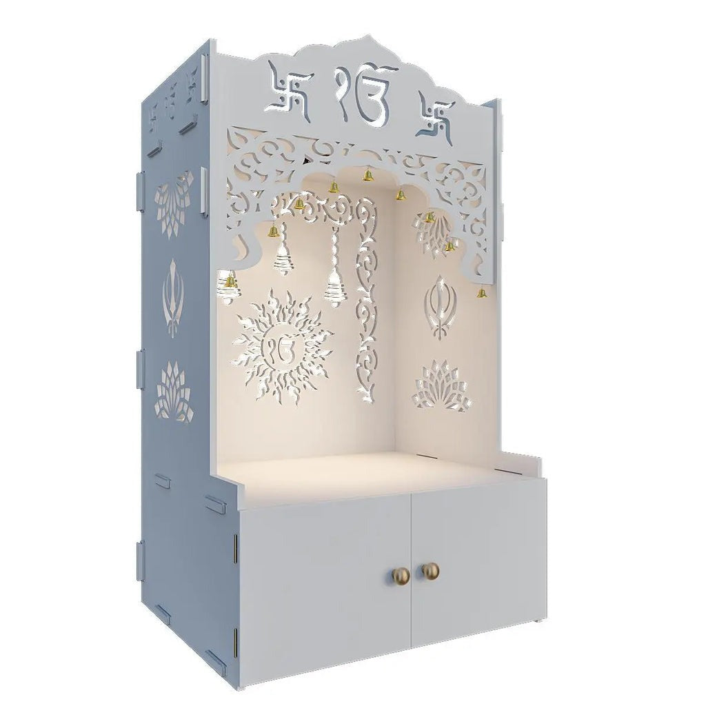 White Wooden Floor Pooja Mandir with Ik Onkar & Swastik Design Ornate Arch Laser-Cut Bell Motifs &Cabinet