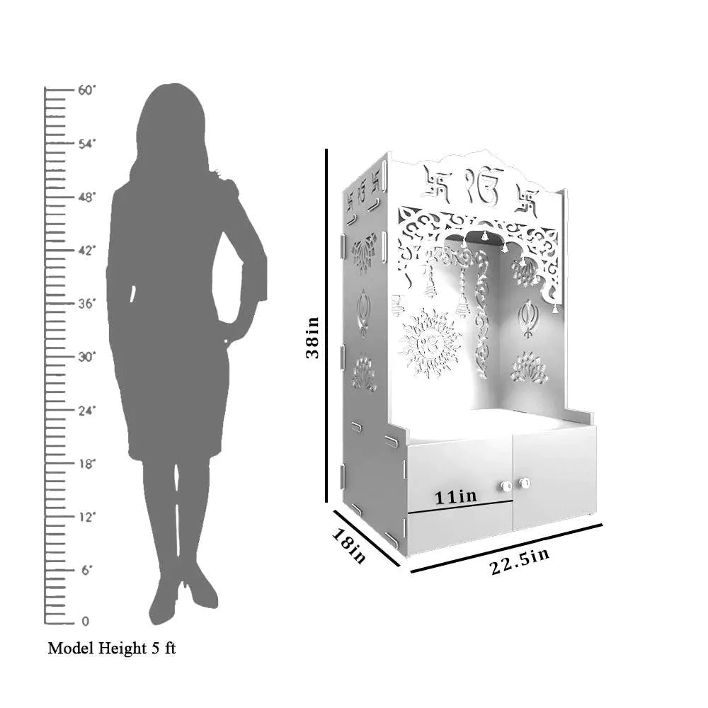 White Wooden Floor Pooja Mandir with Ik Onkar & Swastik Design Ornate Arch Laser-Cut Bell Motifs &Cabinet