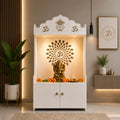 White Wooden Floor Pooja Mandir with Kalash & Om Top Design Lotus Pattern Back Panel Storage Cabinet