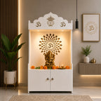 White Wooden Floor Pooja Mandir with Kalash & Om Top Design Lotus Pattern Back Panel Storage Cabinet