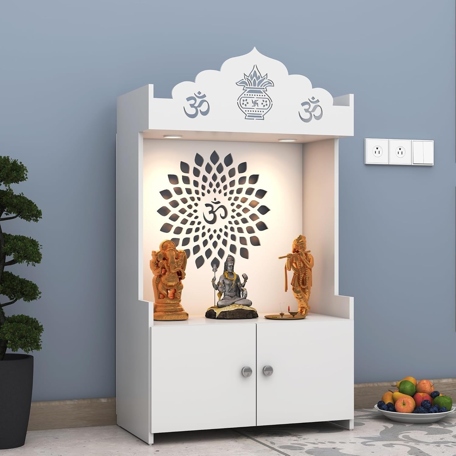White Wooden Floor Pooja Mandir with Kalash & Om Top Design Lotus Pattern Back Panel Storage Cabinet