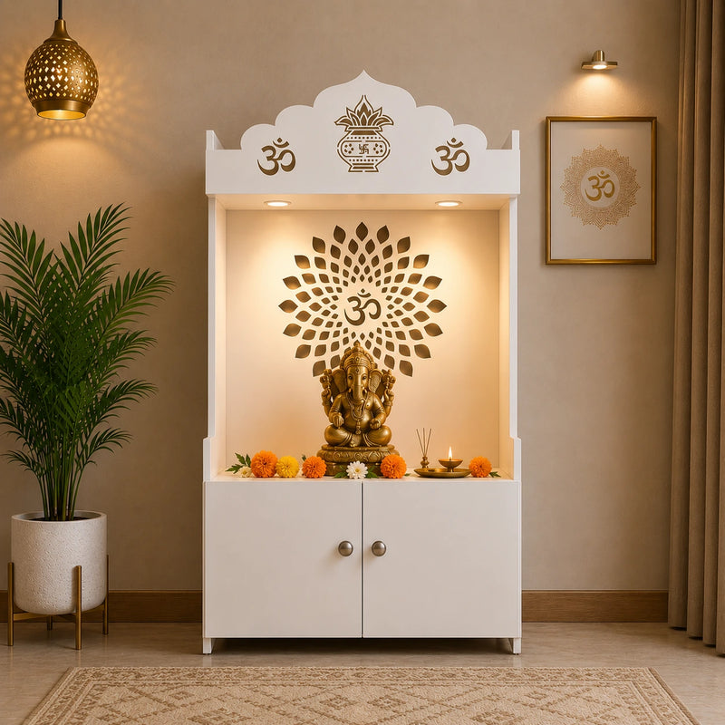 White Wooden Floor Pooja Mandir with Kalash & Om Top Design Lotus Pattern Back Panel Storage Cabinet