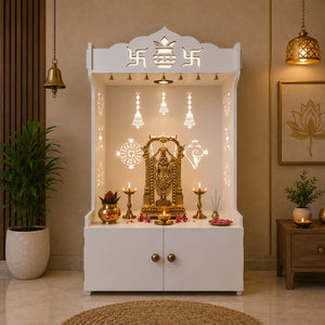 White Wooden Floor Pooja Mandir with Kalash & Swastik Design Laser-Cut Bell Shankh & Chakra Motifs & Storage Cabinet