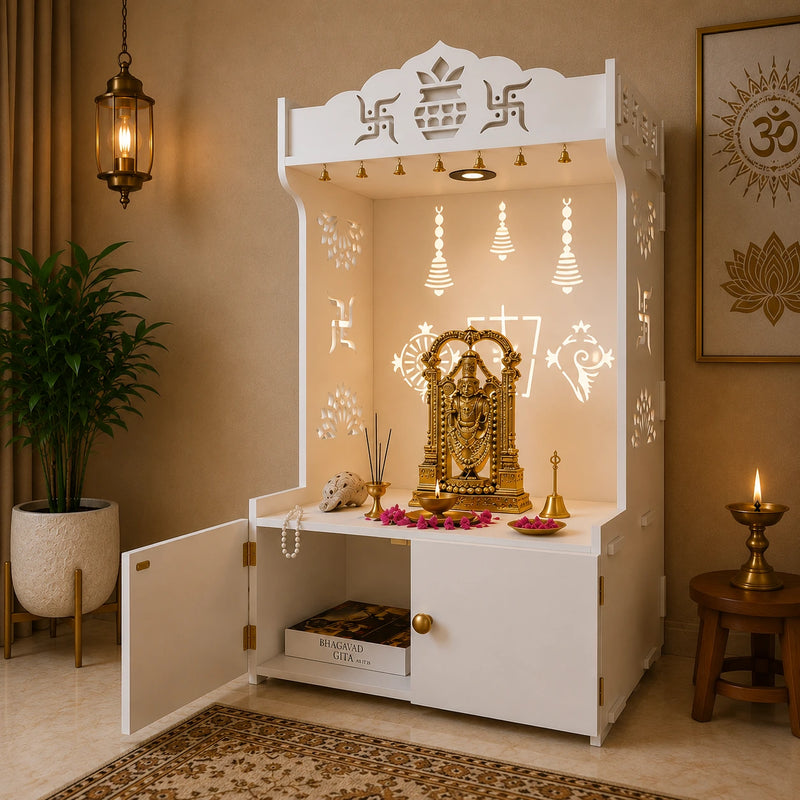 White Wooden Floor Pooja Mandir with Kalash & Swastik Design Laser-Cut Bell Shankh & Chakra Motifs & Storage Cabinet