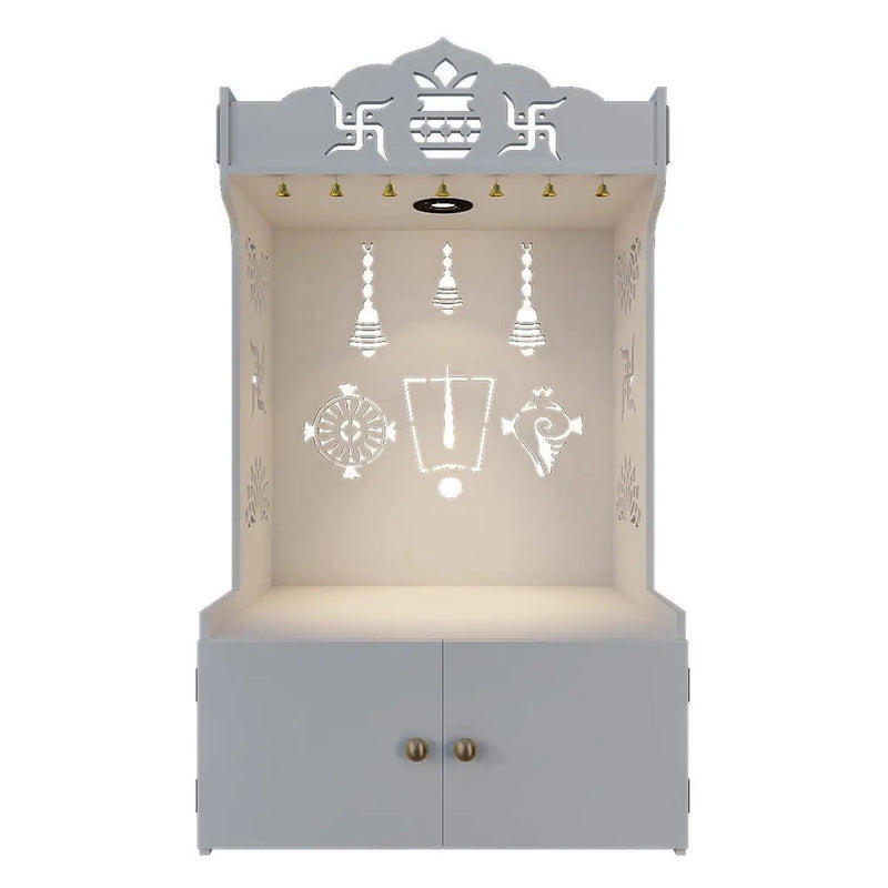White Wooden Floor Pooja Mandir with Kalash & Swastik Design Laser-Cut Bell Shankh & Chakra Motifs & Storage Cabinet