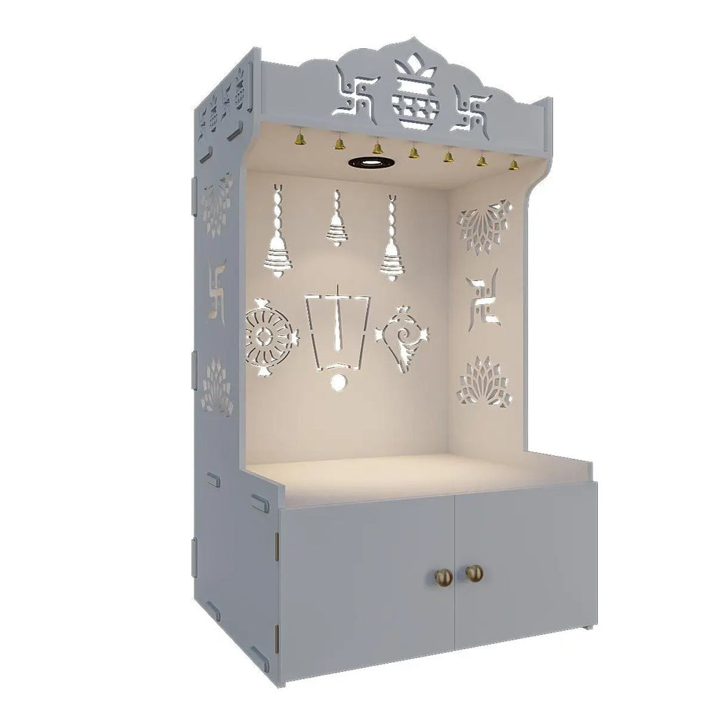 White Wooden Floor Pooja Mandir with Kalash & Swastik Design Laser-Cut Bell Shankh & Chakra Motifs & Storage Cabinet