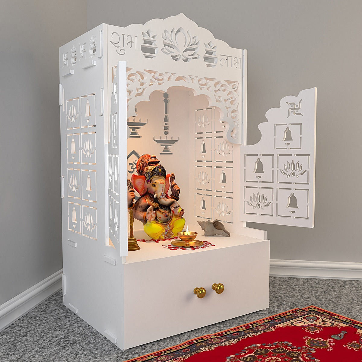 White Wooden Floor Pooja Mandir with Laser-Cut Lotus & Bell Doors Shubh Labh Design Hanging Diya Motifs & Storage Cabinet