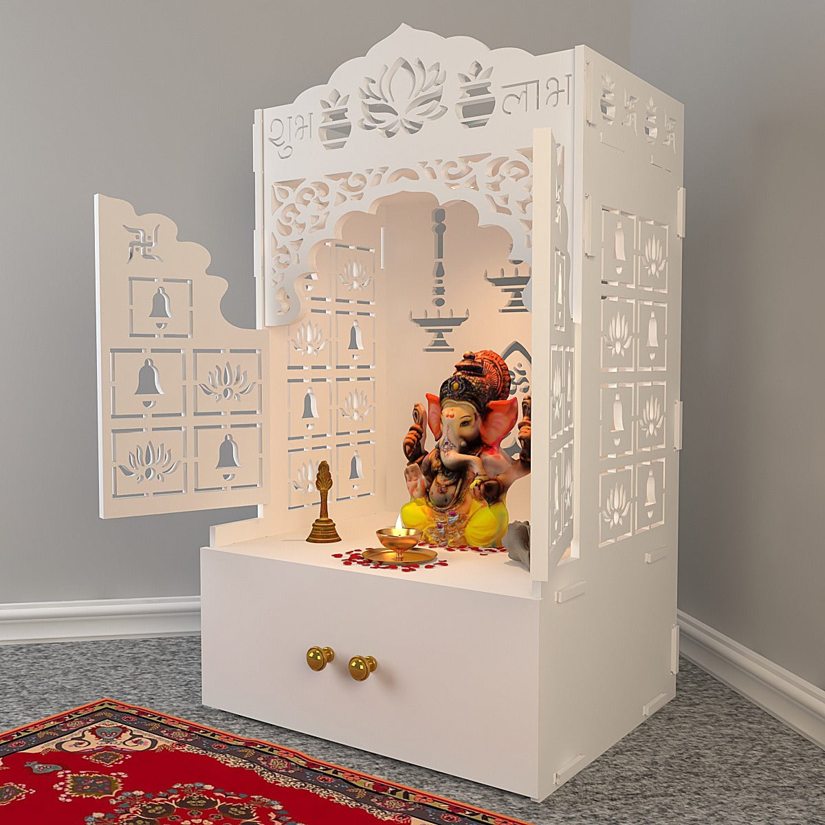 White Wooden Floor Pooja Mandir with Laser-Cut Lotus & Bell Doors Shubh Labh Design Hanging Diya Motifs & Storage Cabinet
