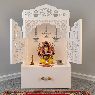 White Wooden Floor Pooja Mandir with Laser-Cut Lotus & Bell Doors Shubh Labh Design Hanging Diya Motifs & Storage Cabinet