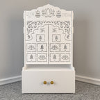 White Wooden Floor Pooja Mandir with Laser-Cut Lotus Om Design, Shubh Labh Motif, Bell Pattern Doors With Cabinet