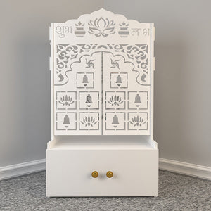 White Wooden Floor Pooja Mandir with Laser-Cut Lotus Om Design, Shubh Labh Motif, Bell Pattern Doors With Cabinet