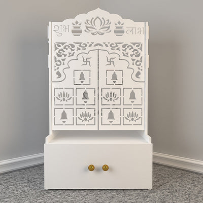 White Wooden Floor Pooja Mandir with Laser-Cut Lotus Om Design, Shubh Labh Motif, Bell Pattern Doors With Cabinet