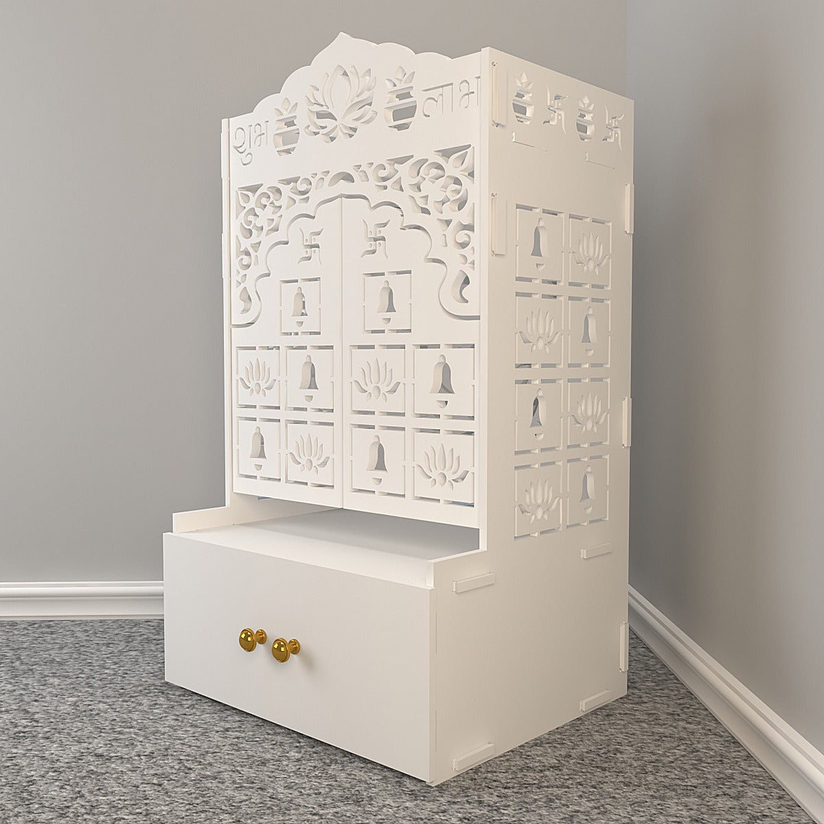 White Wooden Floor Pooja Mandir with Laser-Cut Lotus Om Design, Shubh Labh Motif, Bell Pattern Doors With Cabinet