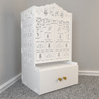 White Wooden Floor Pooja Mandir with Laser-Cut Lotus Om Design, Shubh Labh Motif, Bell Pattern Doors With Cabinet