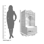 White Wooden Floor Pooja Mandir with Laser-Cut Lotus Om Design, Shubh Labh Motif, Bell Pattern Doors With Cabinet