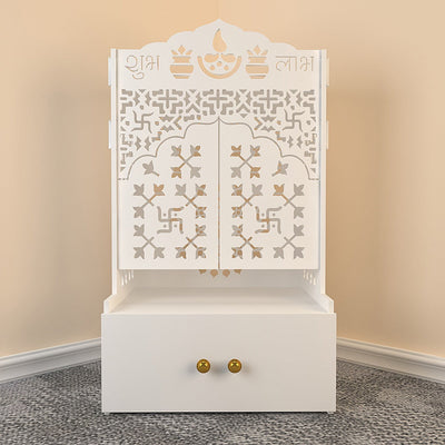 White Wooden Floor Pooja Mandir with Laser-Cut Om & Shubh Labh Motif Doors with Storage Cabinet