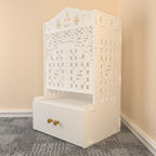 White Wooden Floor Pooja Mandir with Laser-Cut Om & Shubh Labh Motif Doors with Storage Cabinet