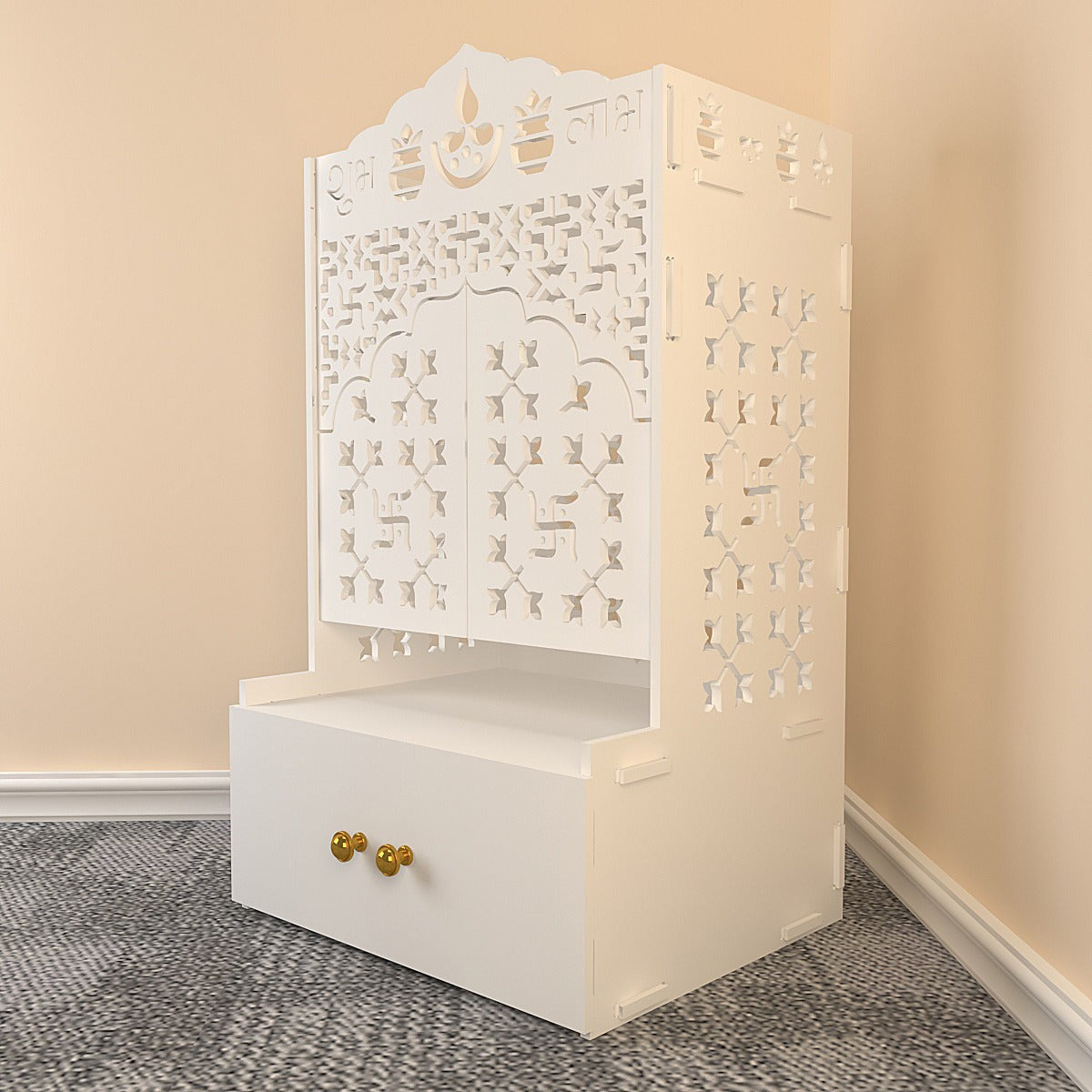 White Wooden Floor Pooja Mandir with Laser-Cut Om & Shubh Labh Motif Doors with Storage Cabinet