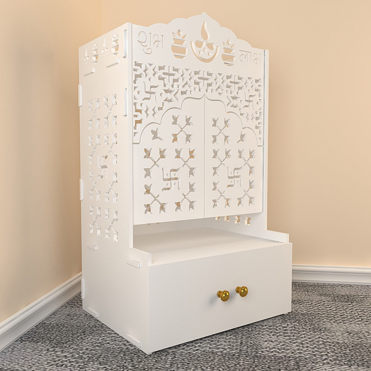White Wooden Floor Pooja Mandir with Laser-Cut Om & Shubh Labh Motif Doors with Storage Cabinet