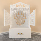 White Wooden Floor Pooja Mandir with Laser-Cut Om & Shubh Labh Motif Doors with Storage Cabinet