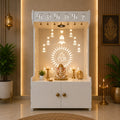 White Wooden Floor Pooja Mandir with Om & Swastik Design Ganesh Laser-Cut Back Panel Bell Motifs & Storage Cabinet