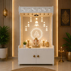 White Wooden Floor Pooja Mandir with Om & Swastik Design Ganesh Laser-Cut Back Panel Bell Motifs & Storage Cabinet