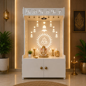 White Wooden Floor Pooja Mandir with Om & Swastik Design Ganesh Laser-Cut Back Panel Bell Motifs & Storage Cabinet