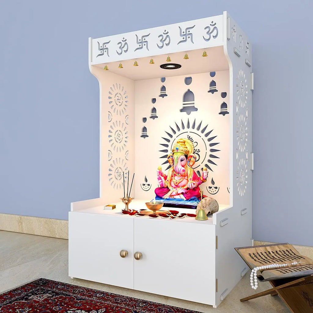 White Wooden Floor Pooja Mandir with Om & Swastik Design Ganesh Laser-Cut Back Panel Bell Motifs & Storage Cabinet