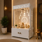 White Wooden Floor Pooja Mandir with Om & Swastik Design Ganesh Laser-Cut Back Panel Bell Motifs & Storage Cabinet