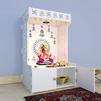 White Wooden Floor Pooja Mandir with Om & Swastik Design Ganesh Laser-Cut Back Panel Bell Motifs & Storage Cabinet
