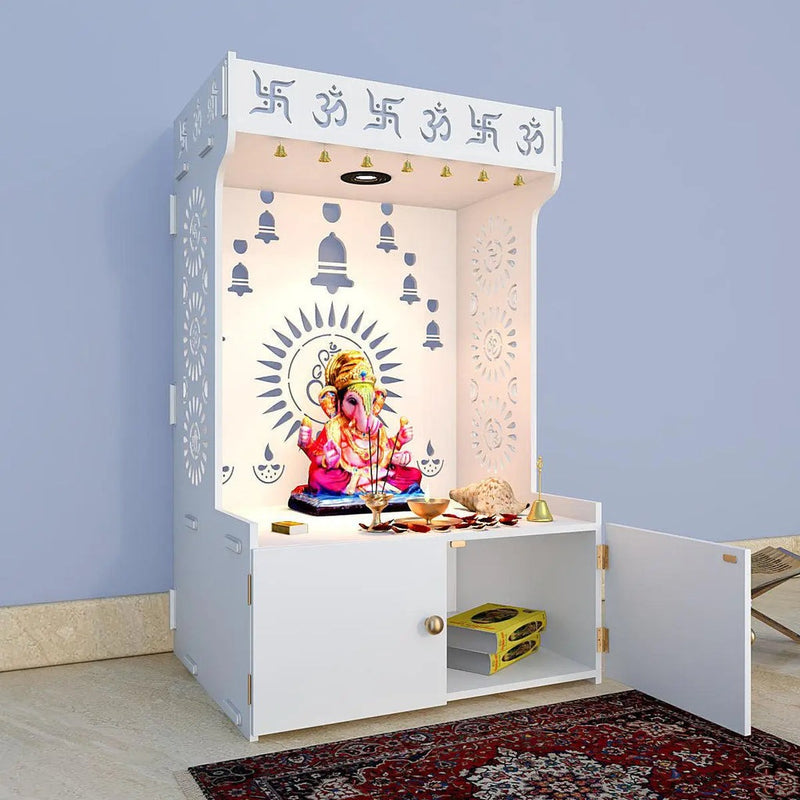 White Wooden Floor Pooja Mandir with Om & Swastik Design Ganesh Laser-Cut Back Panel Bell Motifs & Storage Cabinet