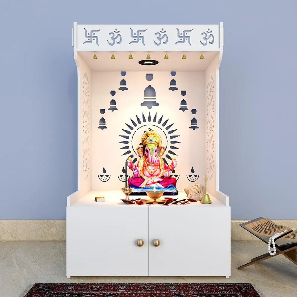 White Wooden Floor Pooja Mandir with Om & Swastik Design Ganesh Laser-Cut Back Panel Bell Motifs & Storage Cabinet