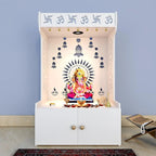 White Wooden Floor Pooja Mandir with Om & Swastik Design Ganesh Laser-Cut Back Panel Bell Motifs & Storage Cabinet