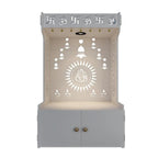 White Wooden Floor Pooja Mandir with Om & Swastik Design Ganesh Laser-Cut Back Panel Bell Motifs & Storage Cabinet