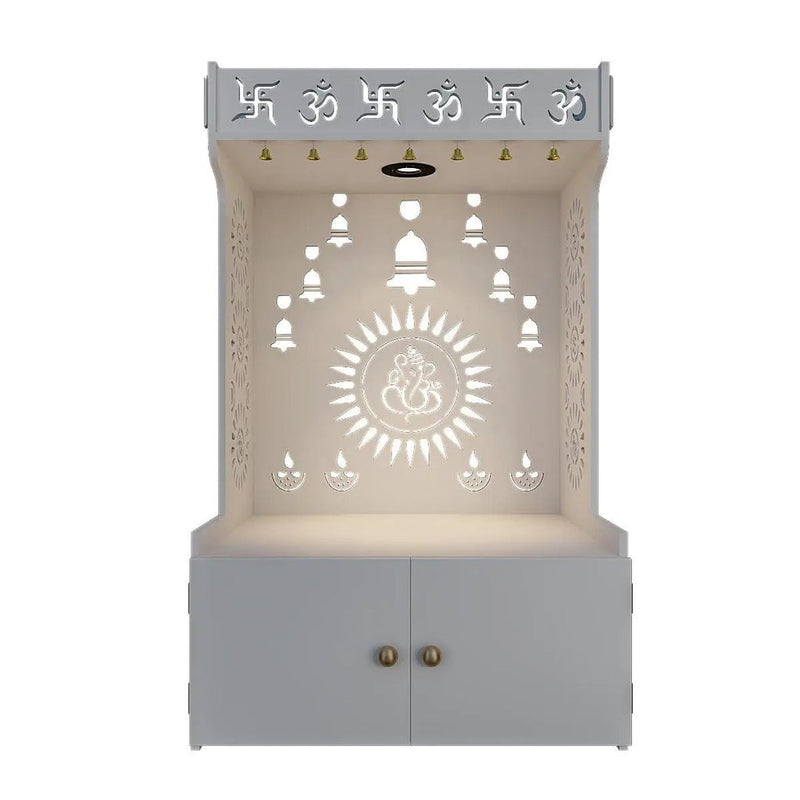 White Wooden Floor Pooja Mandir with Om & Swastik Design Ganesh Laser-Cut Back Panel Bell Motifs & Storage Cabinet